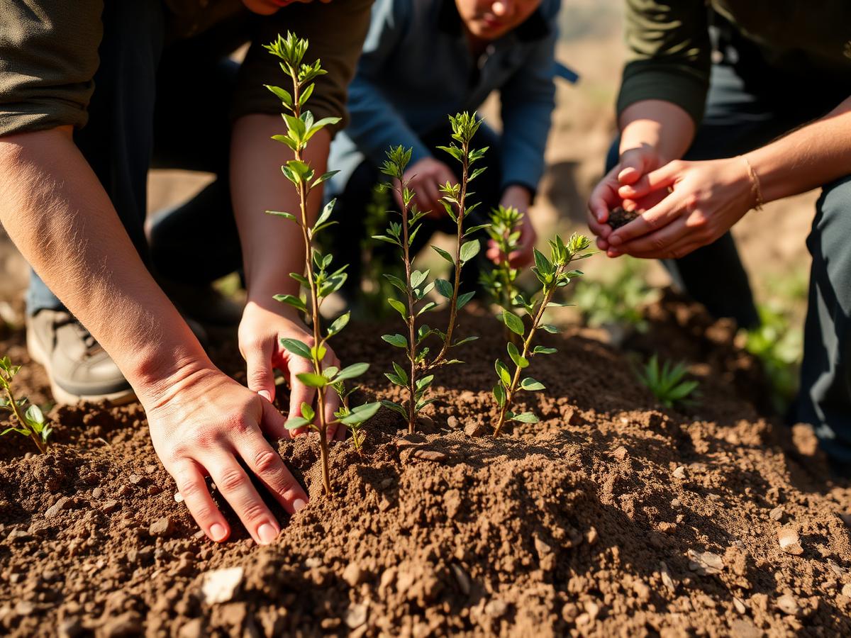 Volunteers planting native tree saplings on an eroded hillside